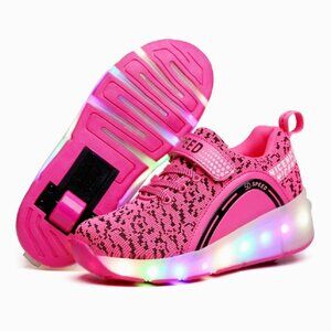 SDSPEED Kids Roller Skate Shoes w/ Single Wheel- Sport Sneaker LED- PINK- Sz:4